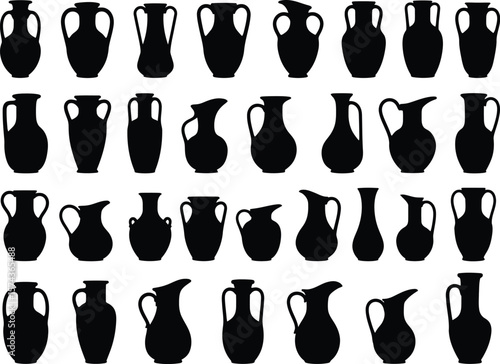 Collection of diverse black silhouette ancient greek amphorae and jugs on white background