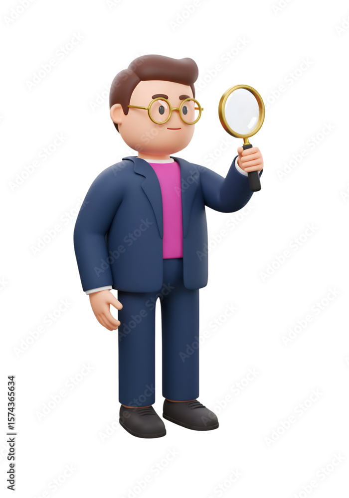 A middle-aged man in a navy blue suit and a magenta shirt, holding a magnifying glass, observes carefully in a corporate setting. A middle-aged man in a navy blue suit and a magenta shirt, holding a magnifying glass, observes carefully in a corporate setting.