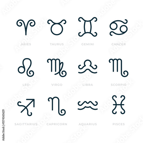Minimal zodiac symbol set featuring all 12 astrology signs. Clean modern vector icons in line style, perfect for horoscope apps, mystic branding, natal charts, or celestial-themed design projects.