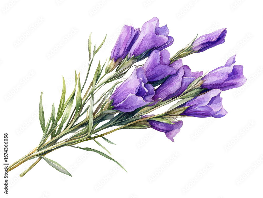 Naklejka premium Beautiful watercolor illustration of bouquet of purple flowers with green leaves, showcasing delicate petals and natural, artistic style