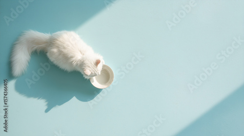 ターコイズブルーの空間で水を飲む白い猫 | 上品な光と影