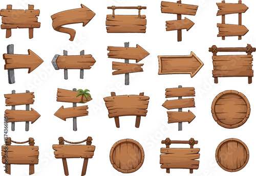 Collection of various weathered wooden signs and directional arrows with a rustic feel