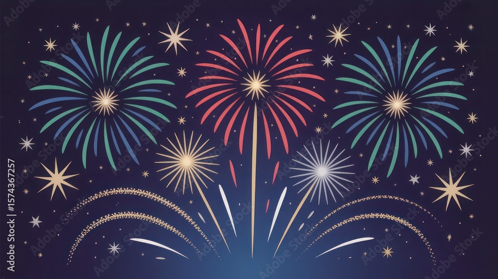 Naklejka premium Festive fireworks display illuminating the dark night sky with sparkling stars