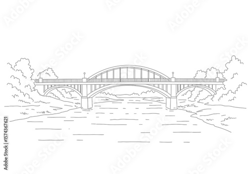 Bridge scenery drawing. It is a black and white outline image of an arched bridge spanning a river, surrounded by trees and foliage, depicting a tranquil landscape. Vector sketch line art draw.