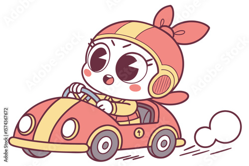 Vector cute Baby Girl cartoon character riding a small toy car with a determined look isolated on white background