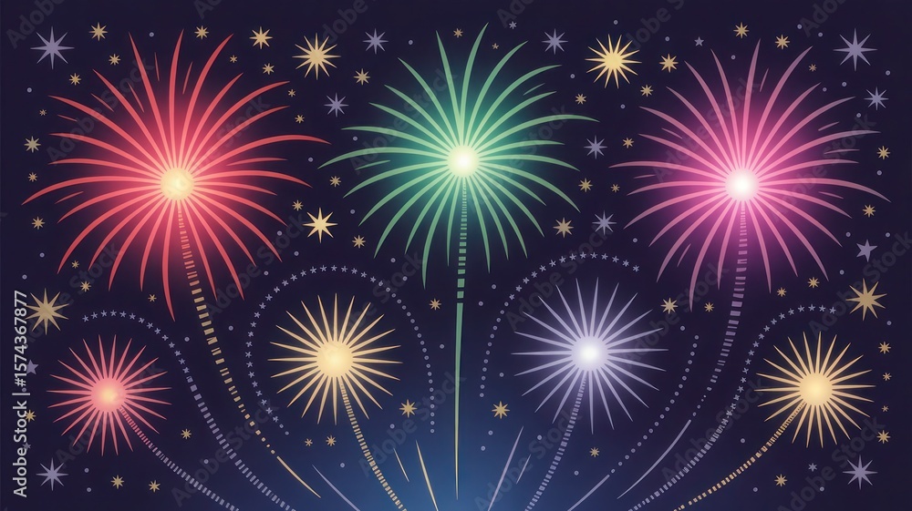 Naklejka premium Festive fireworks display illuminating the dark night sky with sparkling stars