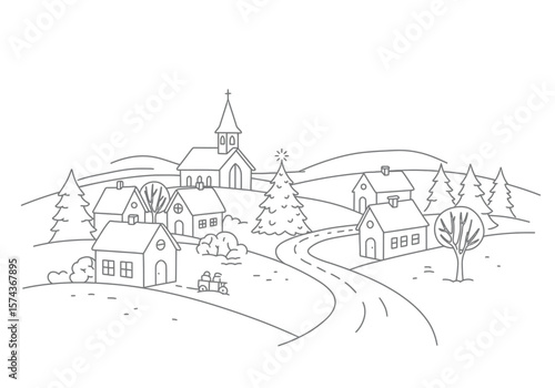 Christmas scenery drawing. It is a black and white outline image of a festive Christmas village with houses, a church, and a decorated tree, evoking holiday spirit. Vector sketch line art draw.