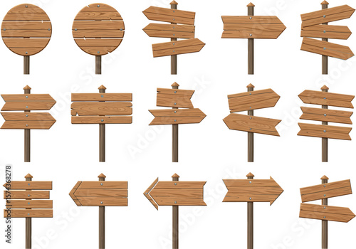 Collection of various wooden signposts and directional signs with different shapes and orientations on white background