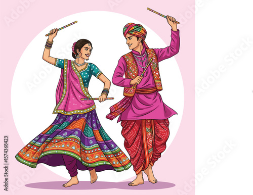 Traditional Garba Dance Couple Illustration Man and Woman in Colorful Gujarati Attire