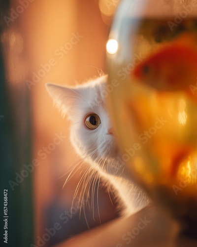 Curious cute white cat looking into a goldfish aquarium, cozy room background