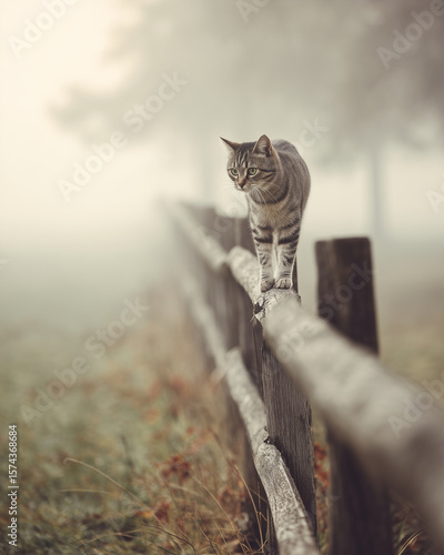 cat on a fence, cat walking along a wooden fence in light morning fog, autumn, fall season