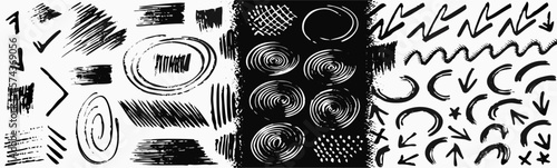Hand-drawn Black Ink Brush Strokes, Arrows, & Shapes Graphic Design Elements