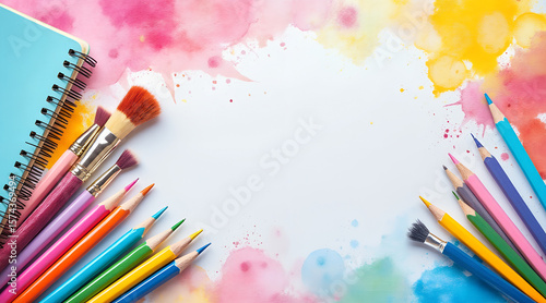  *Watercolor School Supplies Background – Vibrant Brushes, Pencils & Notebooks in Soft Pastels, Playful & Artistic with Copy Space* 