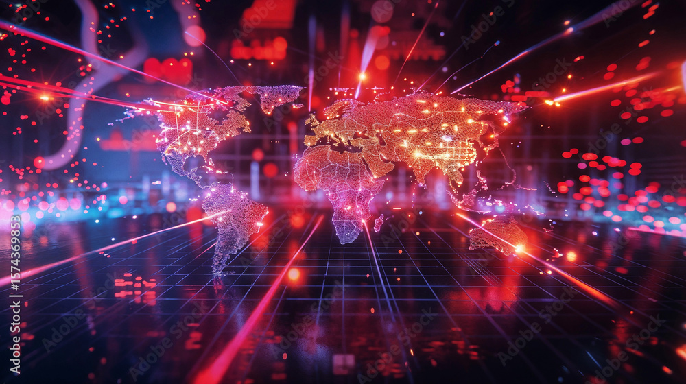 Fototapeta premium Abstract digital explosion with vibrant laser beams and particle effects creating dynamic energy burst in cyberpunk-inspired virtual environment