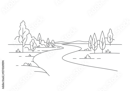 River scenery drawing. It is a black and white outline image of a winding river flowing through a landscape with trees and hills, depicting a tranquil natural scene. Vector sketch line art draw.