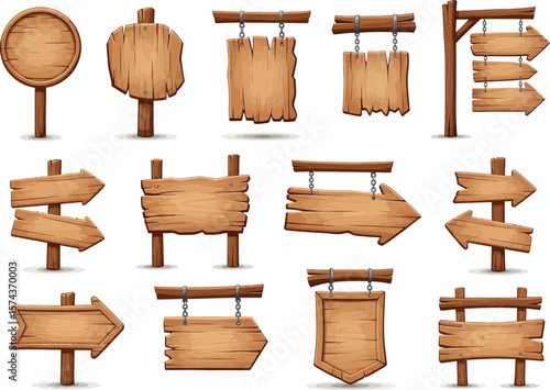 Collection of rustic wooden signs and directional pointers in various shapes and styles for creative design projects