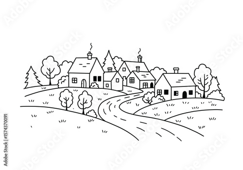 Scenery village drawing. A black and white outline image of a charming village nestled in hills with houses, trees, and a winding road, depicting a serene rural scene. Vector sketch line art draw.