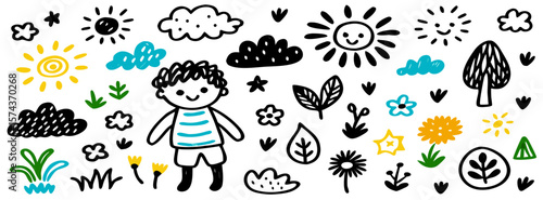 Hand-drawn boy, sun, clouds, and nature elements illustration
