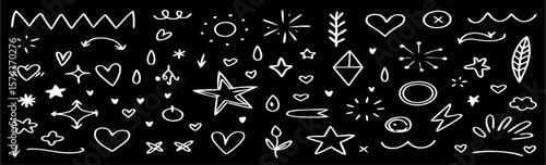 Hand-drawn doodle elements: hearts, stars, & more