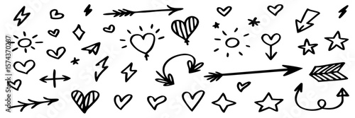 Hand-Drawn Doodle Icons: Hearts, Arrows, Stars & More