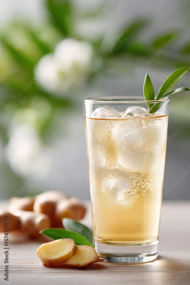 Fototapeta premium Refreshing ginger ale served chilled with ice and garnished with ginger slices on a wooden table