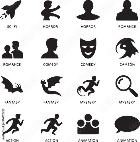 "Set of 20 Black Silhouette Icons Representing Movie and TV Genres: Action, Romance, Comedy, Sci-Fi, Horror, Fantasy, Mystery, and Animation"