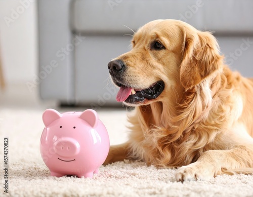 Golden Retriever near piggy bank