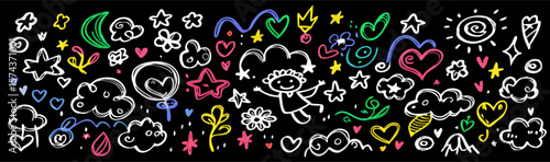 Colorful Hand-Drawn Doodle Collection: Hearts, Stars, Clouds, and More