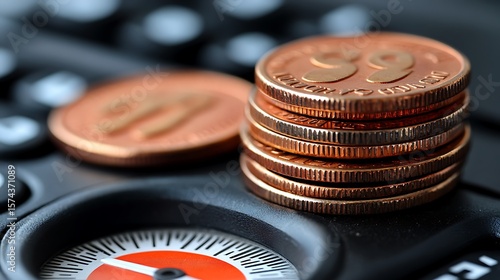 Copper coins stacked on a calculator.