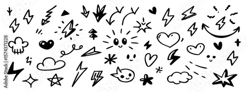 Hand-drawn Doodle Set: Lightning Bolts, Hearts, Stars, Clouds