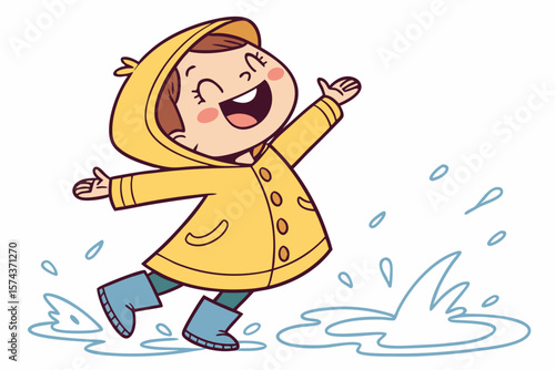 Vector cute Baby Girl cartoon character wearing a rain slicker and boots, jumping in puddles isolated on white background
