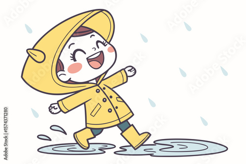 Vector cute Baby Girl cartoon character wearing a rain slicker and boots, jumping in puddles isolated on white background