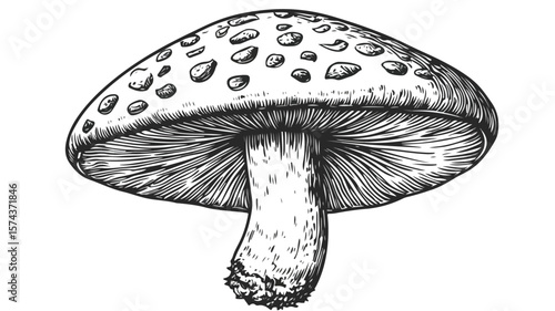 Vintage Amanita Muscaria Mushroom Woodcut Engraving Illustration