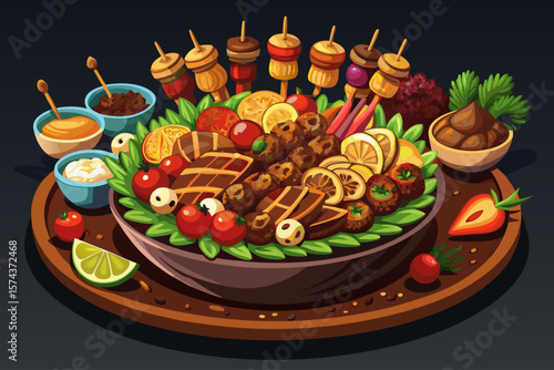 Wallpaper Mural vector of A large clay dish with all kinds of grilled meat, pounded kebab, shishlik and chenche, etc. on a table with a dark background. Torontodigital.ca