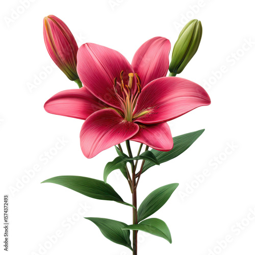 Pink lily flower with unopened buds green leaves black background