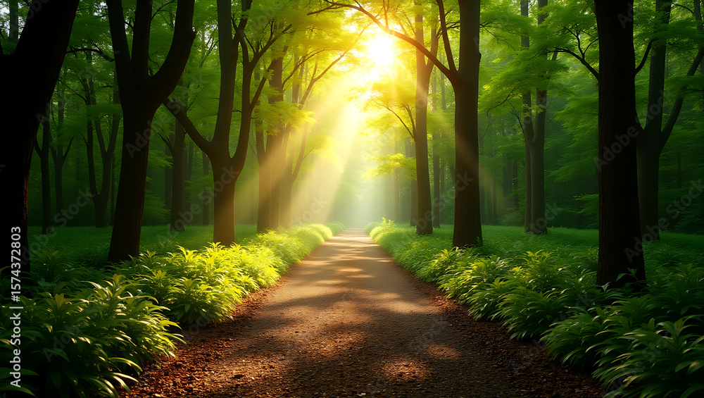 Obraz premium Sunlight Streaming Through Lush Green Forest Path Creating a Serene Scene