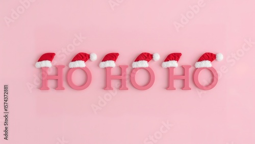 Playful “HO HO HO” Text with Santa Hats on Pink Background