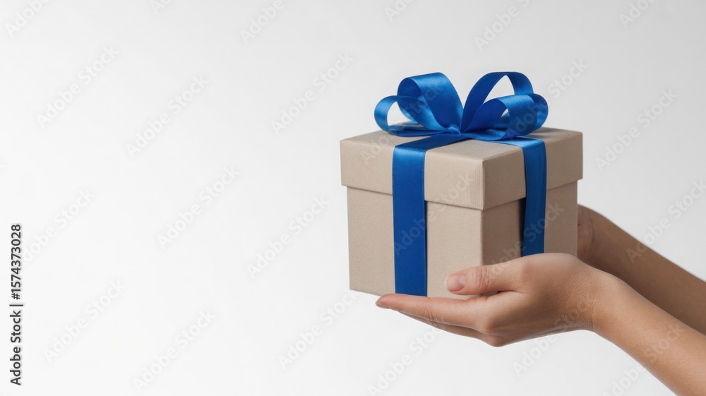 Fototapeta premium Hands holding a simple kraft paper gift box tied with a luxurious blue satin ribbon
