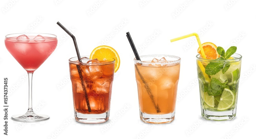 Photo of Four refreshing cocktails with ice and straws are isolated on white background Photo of Four refreshing cocktails with ice and straws are isolated on white background
