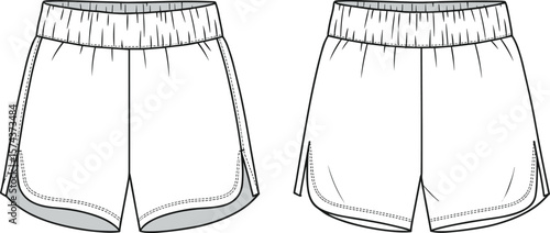 Women's Athletic Running Shorts Flat Sketch: Comfortable Sportswear Design for Active Workouts, Gym Fitness, and Casual Summer Activities Apparel.