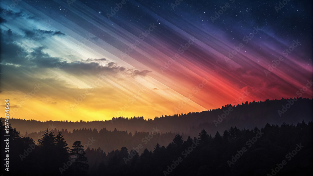 Fototapeta premium Dynamic sky shows radiating light beams in warm sunset colors transitioning to cool blues over layered forested mountain ridges.