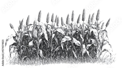 Vintage Woodcut Engraving of Corn Field in Old Black and White Style