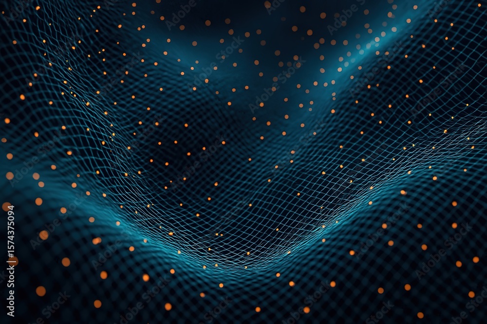 Fototapeta premium Abstract digital network with glowing orange particles on a dark teal wavy grid