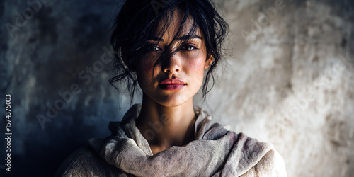 Close up portrait of a young woman with dark hair and thoughtful expression