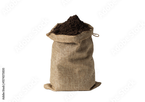 Jute bag with soil mixed with fertilizers on white background. Isolated