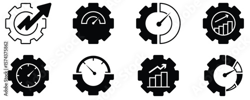Gear Analytics Icons Set – Vector Collection of Settings, Performance, and Growth Symbols