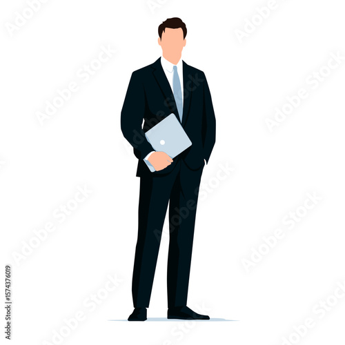 Business professional standing with a laptop.