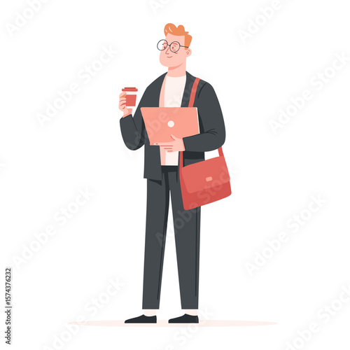A man in a casual outfit holding a laptop and a cup of coffee.