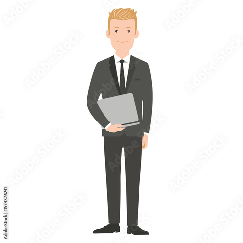 A business professional in a formal suit holding a document folder.