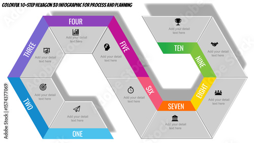 10 Step 3D Hexagon Infographic Diagram – Colorful Process Timeline for PowerPoint, Google Slides, Business Planning, Marketing Strategy, Workflow, and Presentation Design Template.